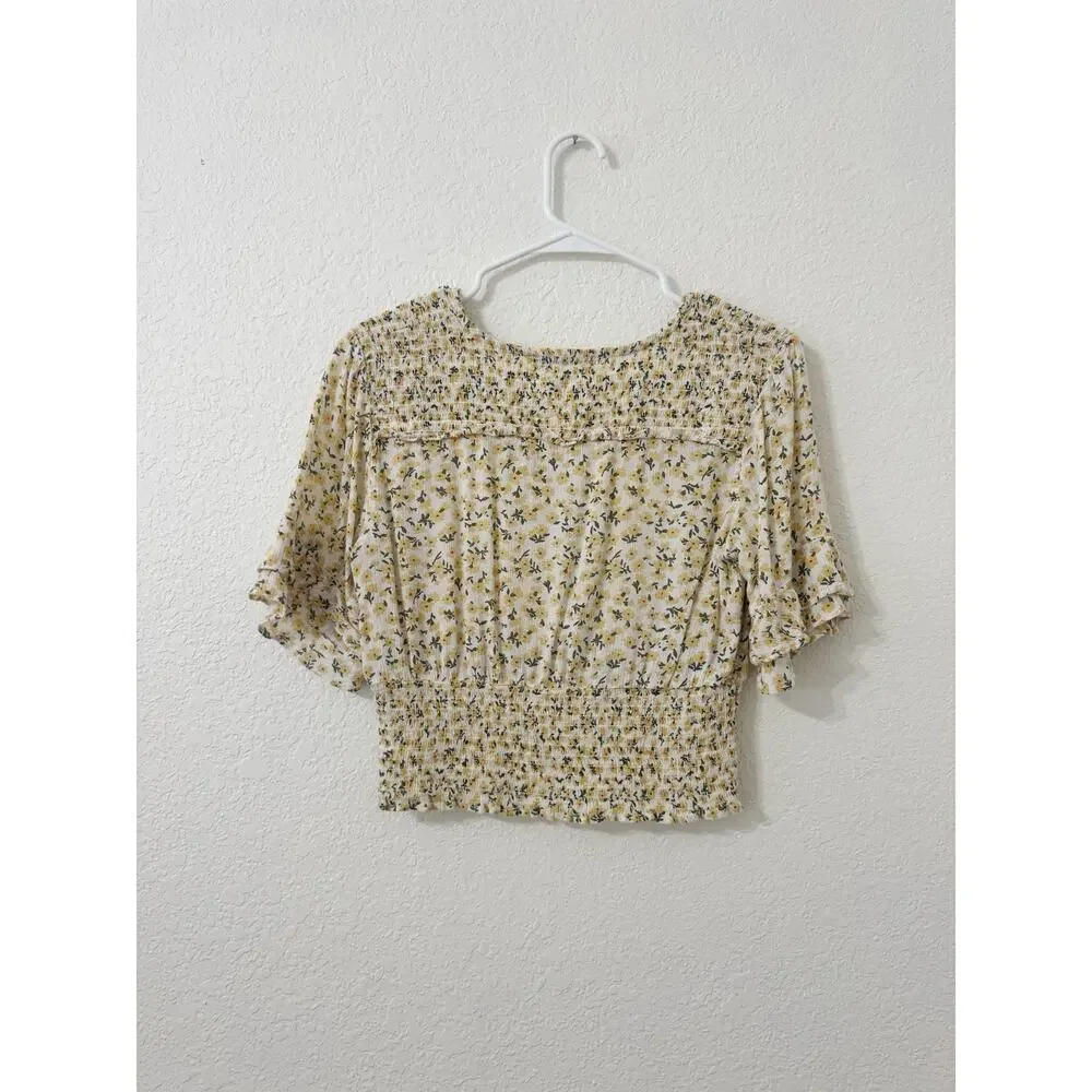 Abercrombie & Fitch Floral Smocked Puff Sleeve Crop Top Yellow Small